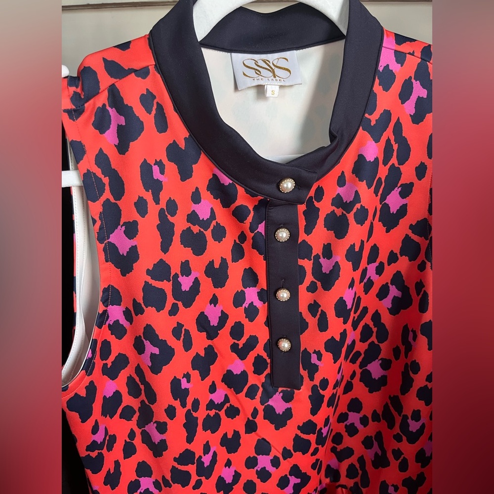Sleeveless Coral & Pink Leopard Print Dress with Navy Trim SSYS - Picture 2 of 5
